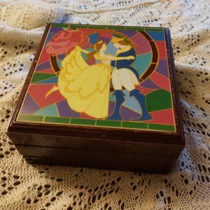 Disney Beauty and the Beast Jewelry Box Storage Wooden Box Faux Stained Glass